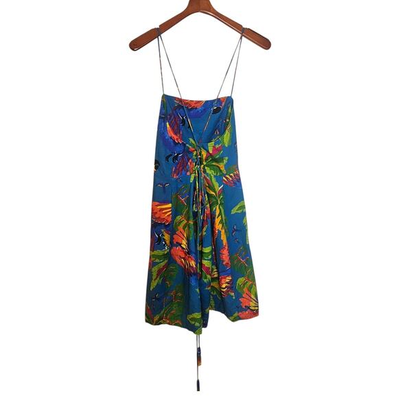 Farm Rio Blue Sunny Day Tropical Toucan & Palm Trees Linen Blend Mini Dress - Picture 4 of 10